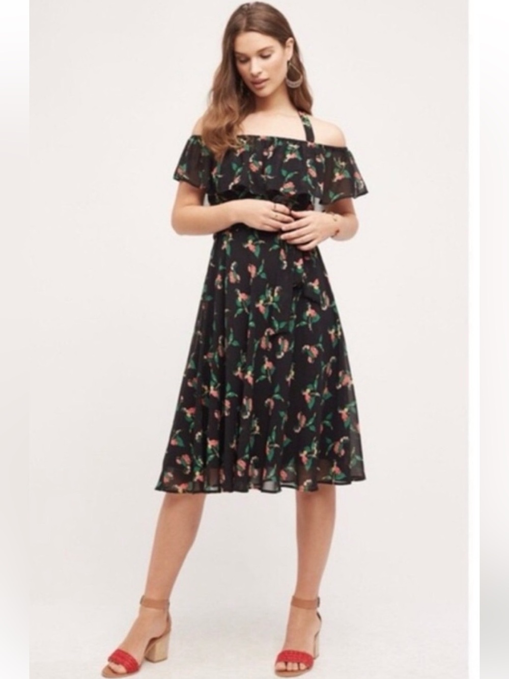 Anthropologie Vanessa Virginia Off Shoulder Black Floral Dress Size 8